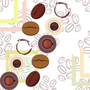 Kahve fincanı, kahve taneleri, kahvaltı konsepti. Restoran için İçecek menüsü, vektör arka plan.