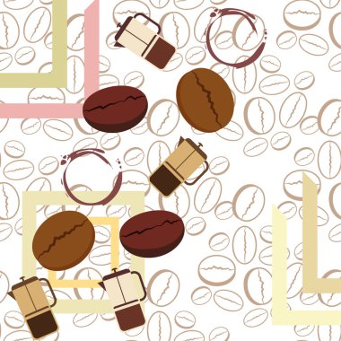 Fransız kahvesi, kahve çekirdekleri, dökülmüş kahve, vektör illüstrasyonu. Bir kafe için tasarım elemanları. Vektör arkaplanı.