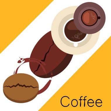 Kahve fincanı, kahve taneleri, kahvaltı konsepti. Restoran için İçecek menüsü, vektör arka plan.