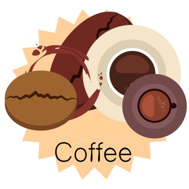 Kahve fincanı, kahve taneleri, kahvaltı konsepti. Restoran için İçecek menüsü, vektör arka plan.