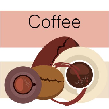 Kahve fincanı, kahve taneleri, kahvaltı konsepti. Restoran için İçecek menüsü, vektör arka plan.