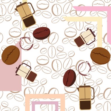 Fransız kahvesi, kahve çekirdekleri, dökülmüş kahve, vektör illüstrasyonu. Bir kafe için tasarım elemanları. Vektör arkaplanı.