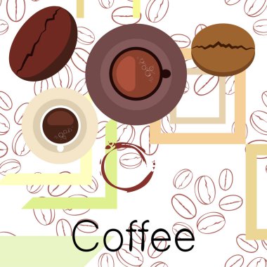 Kahve fincanı, kahve taneleri, kahvaltı konsepti. Restoran için İçecek menüsü, vektör arka plan.