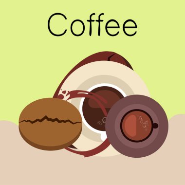 Kahve fincanı, kahve taneleri, kahvaltı konsepti. Restoran için İçecek menüsü, vektör arka plan.