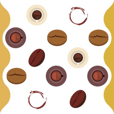 Kahve fincanı, kahve taneleri, kahvaltı konsepti. Restoran için İçecek menüsü, vektör arka plan.