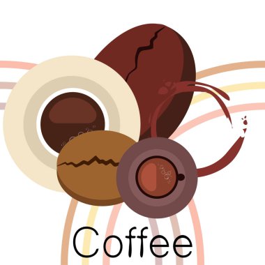 Kahve fincanı, kahve taneleri, kahvaltı konsepti. Restoran için İçecek menüsü, vektör arka plan.