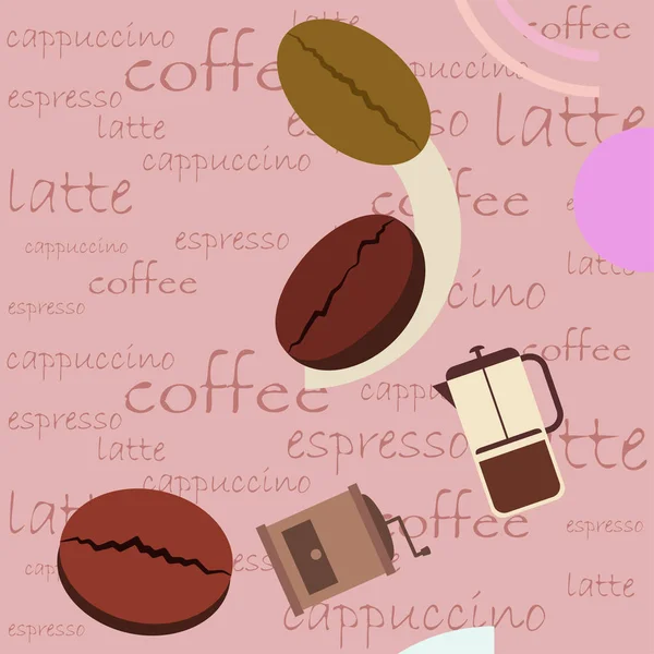 Francuska kawa prasowa, ziarna kawy, rozlana kawa, ilustracja wektora. Elementy konstrukcyjne kawiarni. Tło wektorowe. — Wektor stockowy