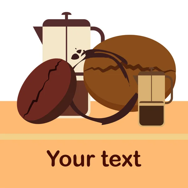 Presse française café, grains de café, café renversé, illustration vectorielle. Eléments de design pour un café. Fond vectoriel. — Image vectorielle