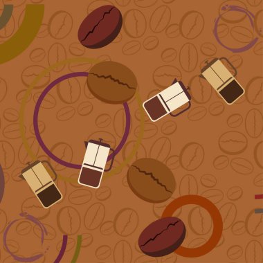 Fransız kahvesi, kahve çekirdekleri, dökülmüş kahve, vektör illüstrasyonu. Bir kafe için tasarım elemanları. Vektör arkaplanı.