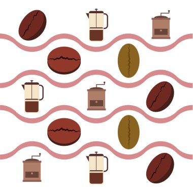 Fransız kahvesi, kahve çekirdekleri, dökülmüş kahve, vektör illüstrasyonu. Bir kafe için tasarım elemanları. Vektör arkaplanı.