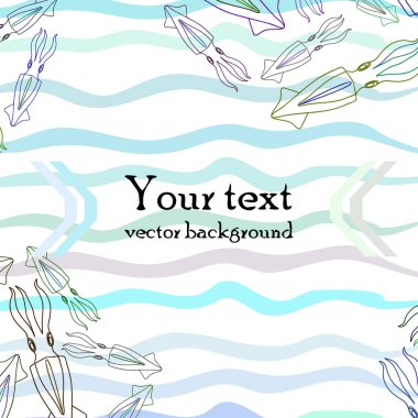 Mürekkep balığı taze deniz ürünleri. Vektör arka planı. Yemek ve restoran tasarımı.