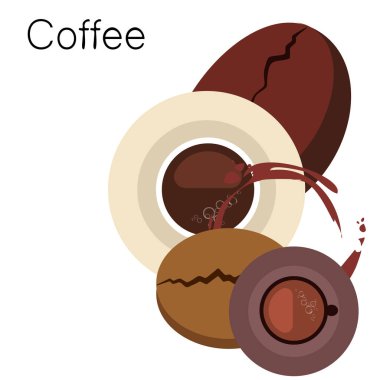 Kahve fincanı, kahve taneleri, kahvaltı konsepti. Restoran için İçecek menüsü, vektör arka plan.