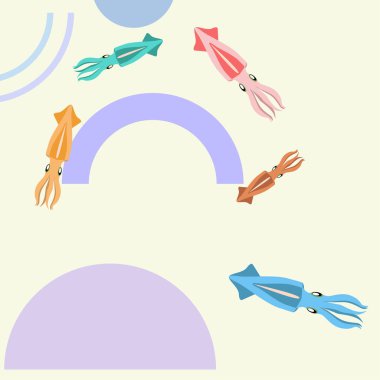 Mürekkep balığı taze deniz ürünleri. Vektör arka planı. Yemek ve restoran tasarımı.