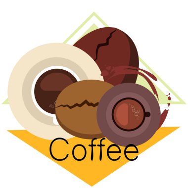 Kahve fincanı, kahve taneleri, kahvaltı konsepti. Restoran için İçecek menüsü, vektör arka plan.