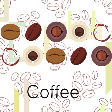 Kahve fincanı, kahve taneleri, kahvaltı konsepti. Restoran için İçecek menüsü, vektör arka plan.