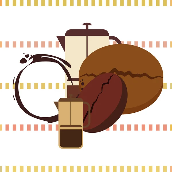 Prensa francesa café, granos de café, café derramado, ilustración vectorial. Elementos de diseño para una cafetería. Fondo vectorial. — Vector de stock