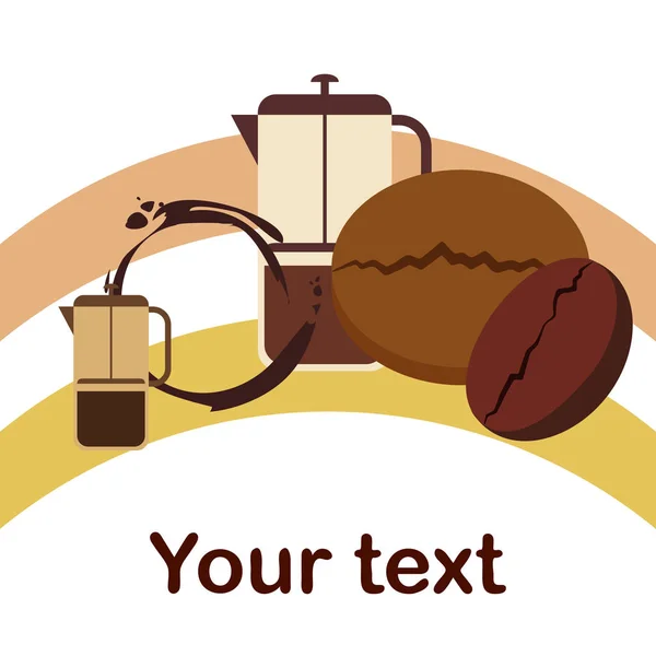 Francês imprensa café, grãos de café, café derramado, ilustração vetorial. Elementos de design para um café. Fundo vetorial. —  Vetores de Stock