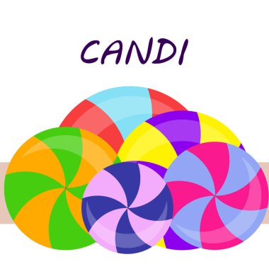 Renkli lolipoplar pastel arka planda düz stil tasarımda. Vektör arkaplan şirin şeker.