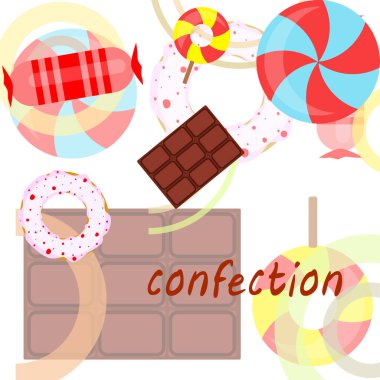 Farklı tatlılar, renkli arka planlar. Lolipop, çikolata, şeker, çörek, vektör arkaplan.