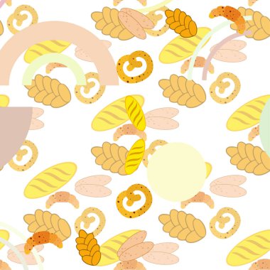 Fırın ürünleri afişi, vektör illüstrasyonu. Buğday ekmeği, kraker, ciabatta, kruvasan, Fransız ekmeği.