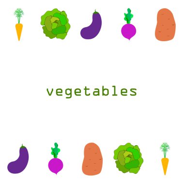 Lahana, pancar, havuç, patlıcan, patates, taze sebze. Organik gıda posteri. Çiftçi pazarı tasarımı. Vektör arkaplanı.