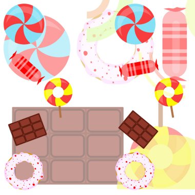 Farklı tatlılar, renkli arka planlar. Lolipop, çikolata, şeker, çörek, vektör arkaplan.