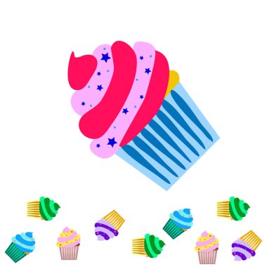 Capcake kremalı, çilekli tatlı. Kafelerin ve restoranların menüleri için renkli unsurlar. İyi tatiller..