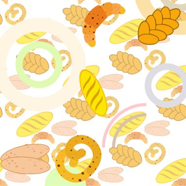 Fırın ürünleri afişi, vektör illüstrasyonu. Buğday ekmeği, kraker, ciabatta, kruvasan, Fransız ekmeği.