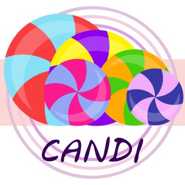 Renkli lolipoplar pastel arka planda düz stil tasarımda. Vektör arkaplan şirin şeker.