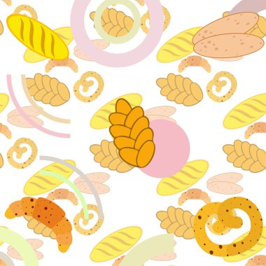 Fırın ürünleri afişi, vektör illüstrasyonu. Buğday ekmeği, kraker, ciabatta, kruvasan, Fransız ekmeği.