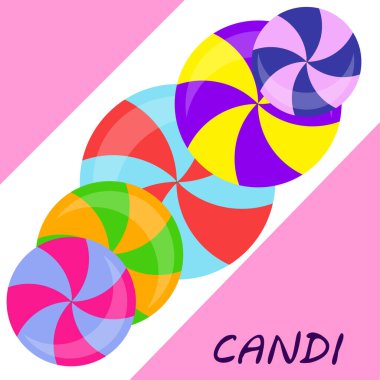 Renkli lolipoplar pastel arka planda düz stil tasarımda. Vektör arkaplan şirin şeker.