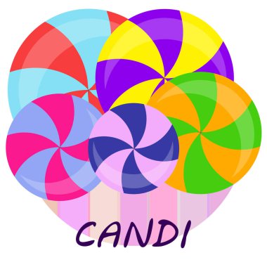 Renkli lolipoplar pastel arka planda düz stil tasarımda. Vektör arkaplan şirin şeker.