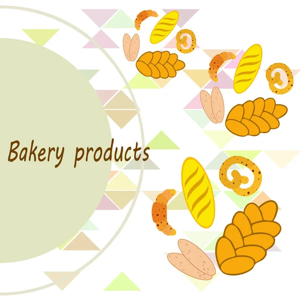 Banner de produtos de padaria, ilustração vetorial. Pão de trigo, pretzel, ciabatta, croissant, baguete francês — Vetor de Stock