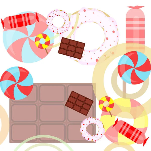 Different sweets colorful background. Lollipops, chocolate bar, candies, donut, vector background. — Stock Vector