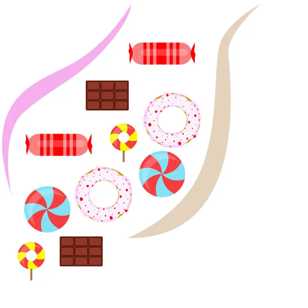 Diferentes dulces fondo colorido. Piruletas, barra de chocolate, caramelos, donut, vector de fondo — Archivo Imágenes Vectoriales