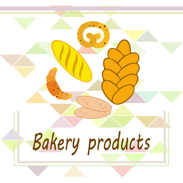 Bannière produits de boulangerie, illustration vectorielle. Pain de blé, bretzel, ciabatta, croissant, baguette française — Image vectorielle