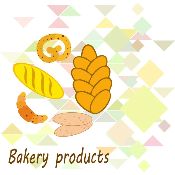 Banner de produtos de padaria, ilustração vetorial. Pão de trigo, pretzel, ciabatta, croissant, baguete francês —  Vetores de Stock