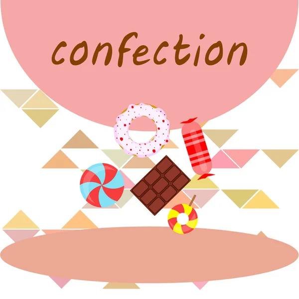 Különböző édességek színes háttér. Nyalókák, csokoládé, cukorka, fánk, vektor háttér. — Stock Vector