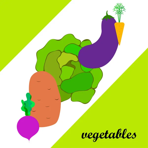 Col, remolacha, zanahorias, berenjenas, patatas, verduras frescas. Cartel de alimentos orgánicos. Diseño del mercado de agricultores. Fondo vectorial . — Vector de stock