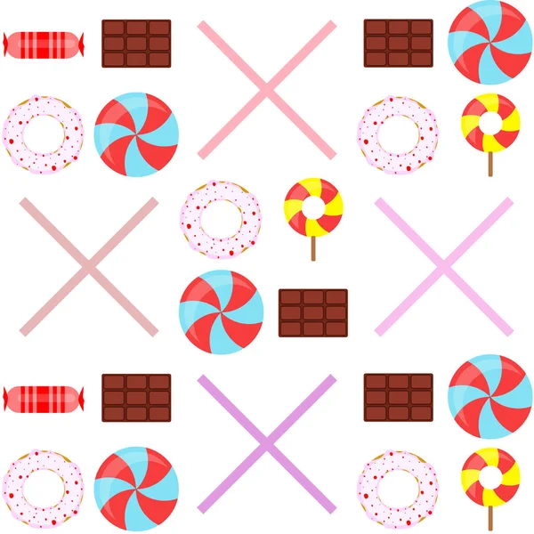 Different sweets colorful background. Lollipops, chocolate bar, candies, donut, vector background — Stock Vector