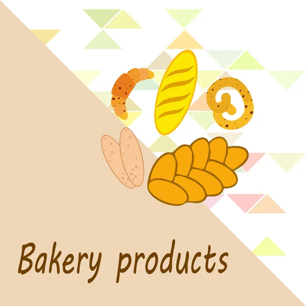 Баннер хлебобулочных изделий, векторная иллюстрация. Пшеничный хлеб, крендель, чиабатта, круассан, французский багет — стоковый вектор