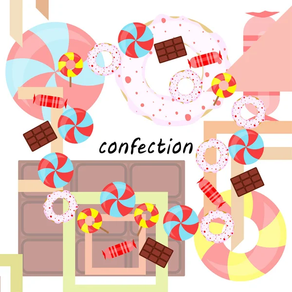 Différents bonbons fond coloré. Sucettes, barre de chocolat, bonbons, beignet, fond vectoriel — Image vectorielle