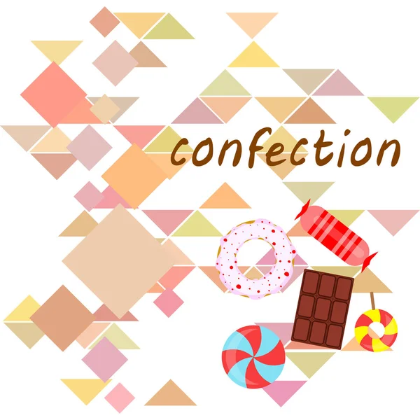 Diferentes dulces fondo colorido. Piruletas, barra de chocolate, caramelos, donut, vector de fondo . — Vector de stock