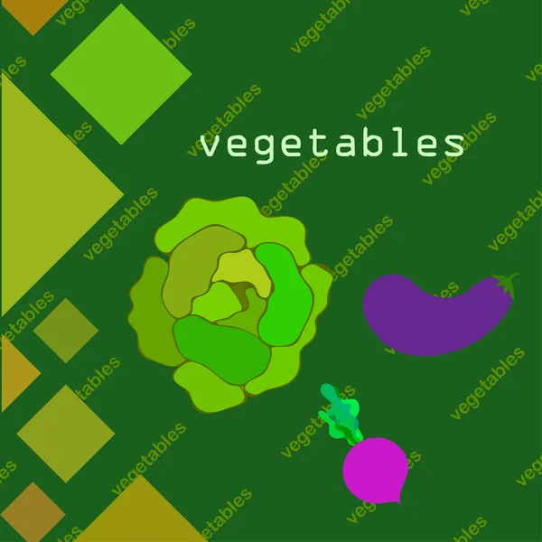 Kool, aubergine, bieten, verse groenten. Biologisch voedsel poster. Landbouwmarktordening. Vectorachtergrond. — Stockvector