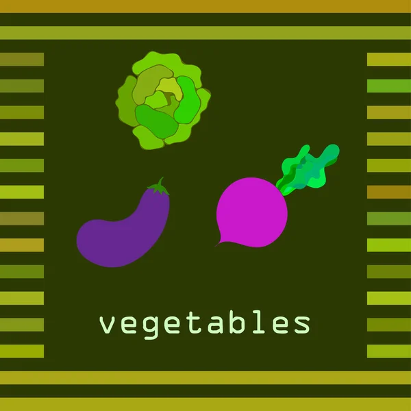 Kool, aubergine, bieten, verse groenten. Biologisch voedsel poster. Landbouwmarktordening. Vectorachtergrond. — Stockvector