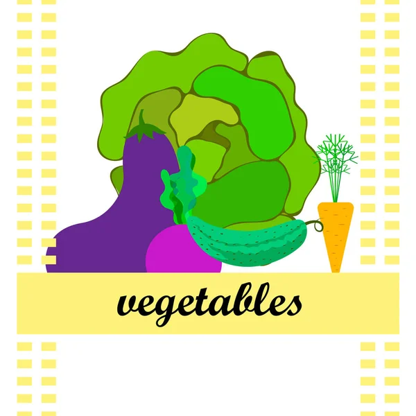 Col, remolacha, zanahoria, berenjena, pepino, verduras frescas. Cartel de alimentos orgánicos. Diseño del mercado de agricultores. Fondo vectorial . — Archivo Imágenes Vectoriales