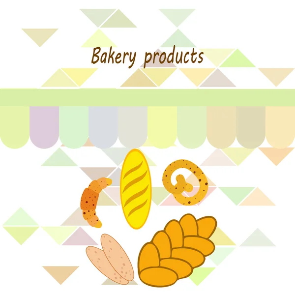 Banner für Backwaren, Vektorillustration. Weizenbrot, Brezel, Ciabatta, Croissant, französisches Baguette — Stockvektor