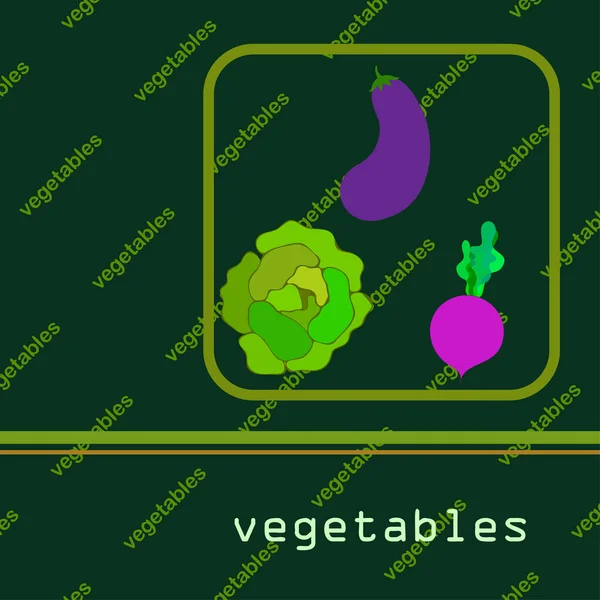 Col, berenjena, remolacha, verduras frescas. Cartel de alimentos orgánicos. Diseño del mercado de agricultores. Fondo vectorial . — Vector de stock