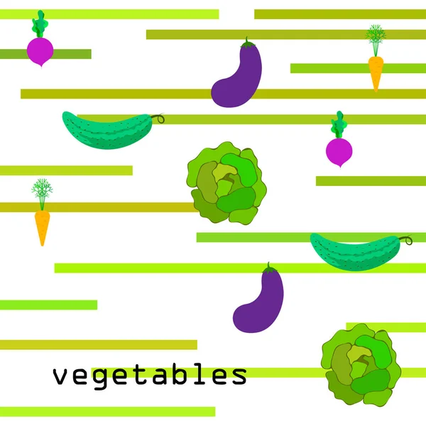 Repolho, beterraba, cenoura, berinjela, pepino, legumes frescos. Cartaz de comida orgânica. Design de mercado de agricultores. Fundo vetorial . — Vetor de Stock