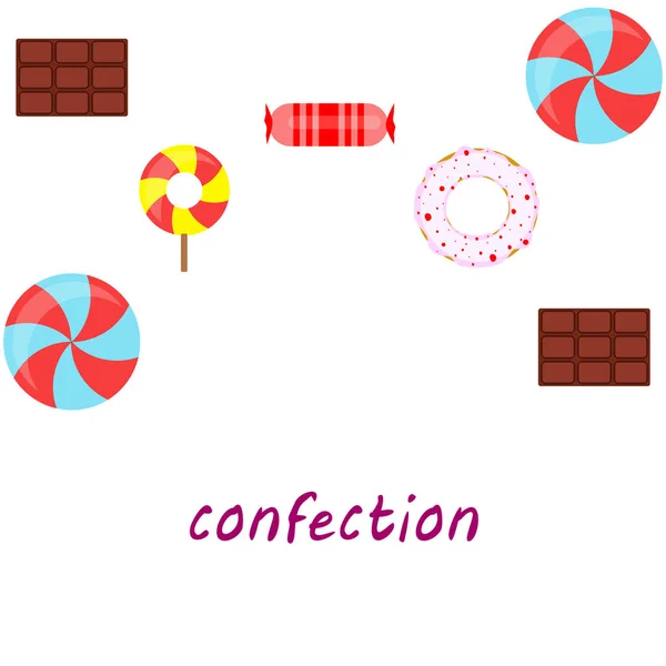 Doces diferentes fundo colorido. Lollipops, barra de chocolate, doces, rosquinha, fundo vetorial —  Vetores de Stock